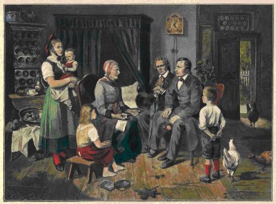 Les frères Grimm chez leur conteuse Doroth, Gravure sur bois, d'après une peinture de Louis Katzenstein Coloration ultérieure, 1819 Berlin, Sammlung Archiv für Kunst und Geschichte